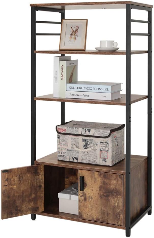 IWELL Tall Kitchen Baker's Rack with Storage Cabinet & 8 Hooks, Microwave Stand with 3 Shelves, Microwave Cabinet with Storage, Cupboard, Sideboard, Utility Storage Shelf for Kitchen, Brown - Standing Baker's Racks