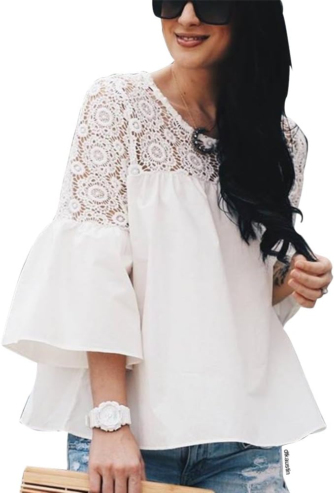 Chicwish Women's Floral Crochet Panel White Bell Sleeves Dolly Top Blouse