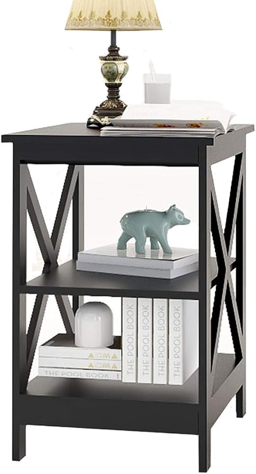 Amazon Com Side Tables Bedroom Narrow Square X Frame End Table For Small Spaces With 2 Shelves Black Nightstand Kitchen Dining