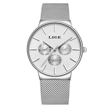 LIGE Japanese Quartz Stainless Steel Mesh Strap Multifunctional Chronograph Waterproof Wristwatch for Men 9868 - Silver