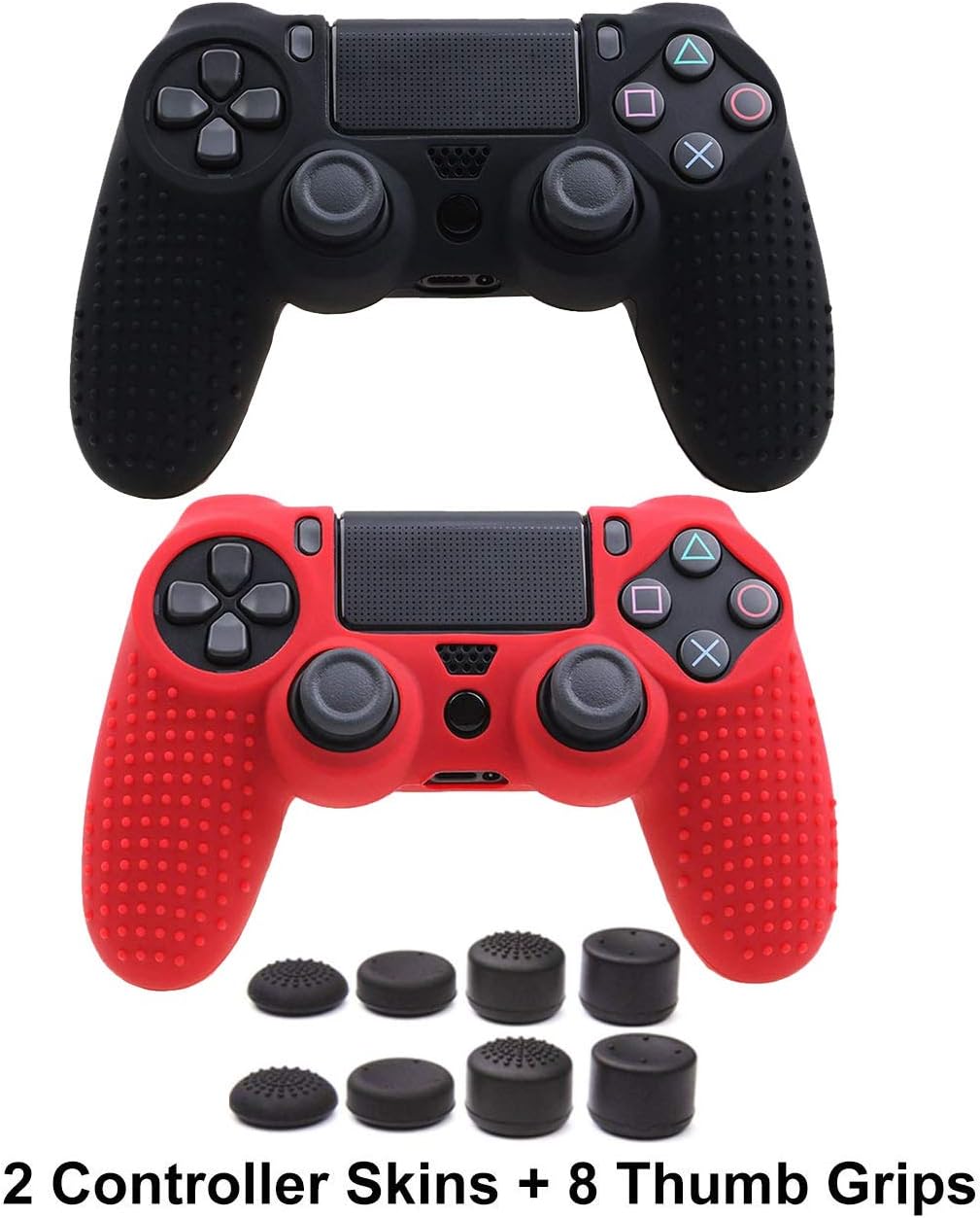Auswaur Compatible for PS4 Controller DualShock 4 Skin Grip Anti-Slip Silicone Cover Set Protector Case Compatible for Sony PS4/PS4 Slim/PS4 Pro Controller with 8 Thumb Grips (Black,Red)