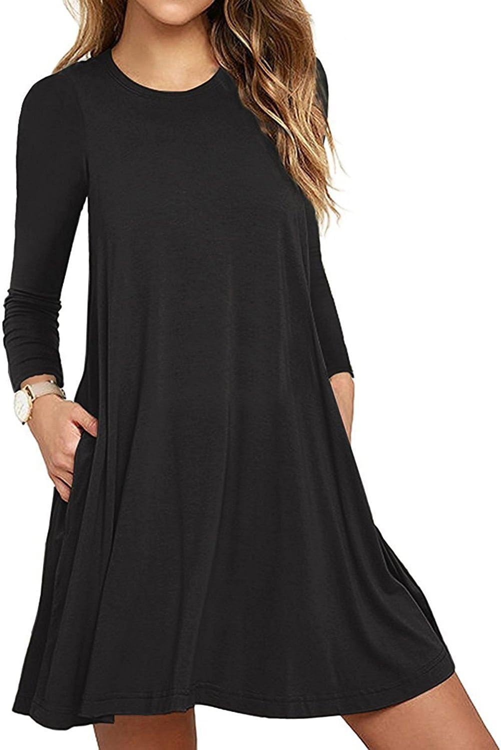 Aserlin Women's Long Sleeve Pocket Casual Loose T-Shirt DressBlack-XL