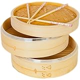 2017 EDITION - New Product! SK&Ouml;N Premium Bamboo Steamer + BONUS 2 pairs of Reusable Chopsticks + Perforated Liners, Silicone Coated (50 pack)
