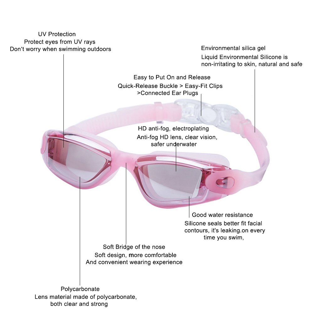 Alfway Swim Goggles, Swimming Goggles No Leaking Anti Fog UV Protection Triathlon Swim Goggles with Free Protection Case for Adult Men Women Youth Kids Child (Pink)