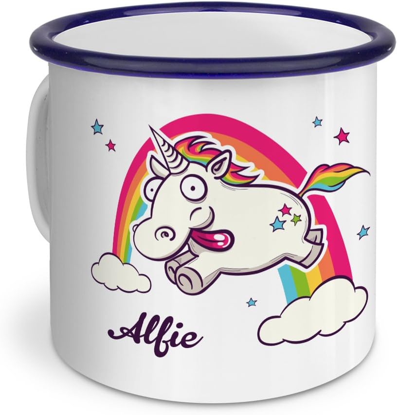 PhotoFancy - Personalised Enamel Mug with the Name Alfie - Design: Crazy Unicorn (blue)