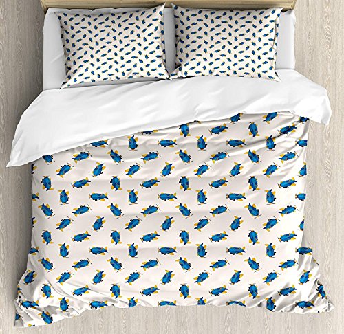 Vintage Airplane Full Size 4 Pcs Bedding Set, Aviation Themed Childrens Cartoon Style Propeller Aeroplanes All Season Duvet Cover Bed Set, Royal Blue Yellow Beige