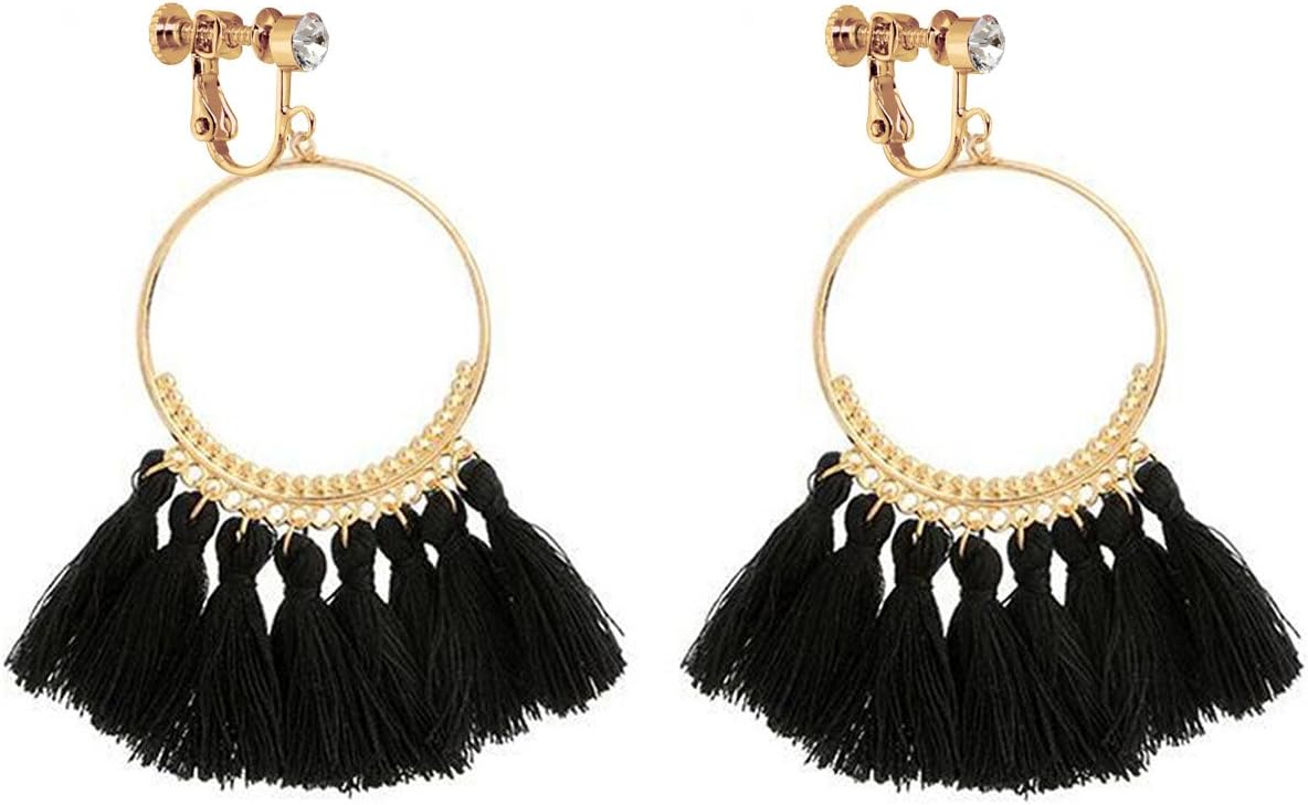 Bohemia Long Dangle Rhinestone Clip on Earrings Tassel Thread for Women Circle Drop Gold Hoop