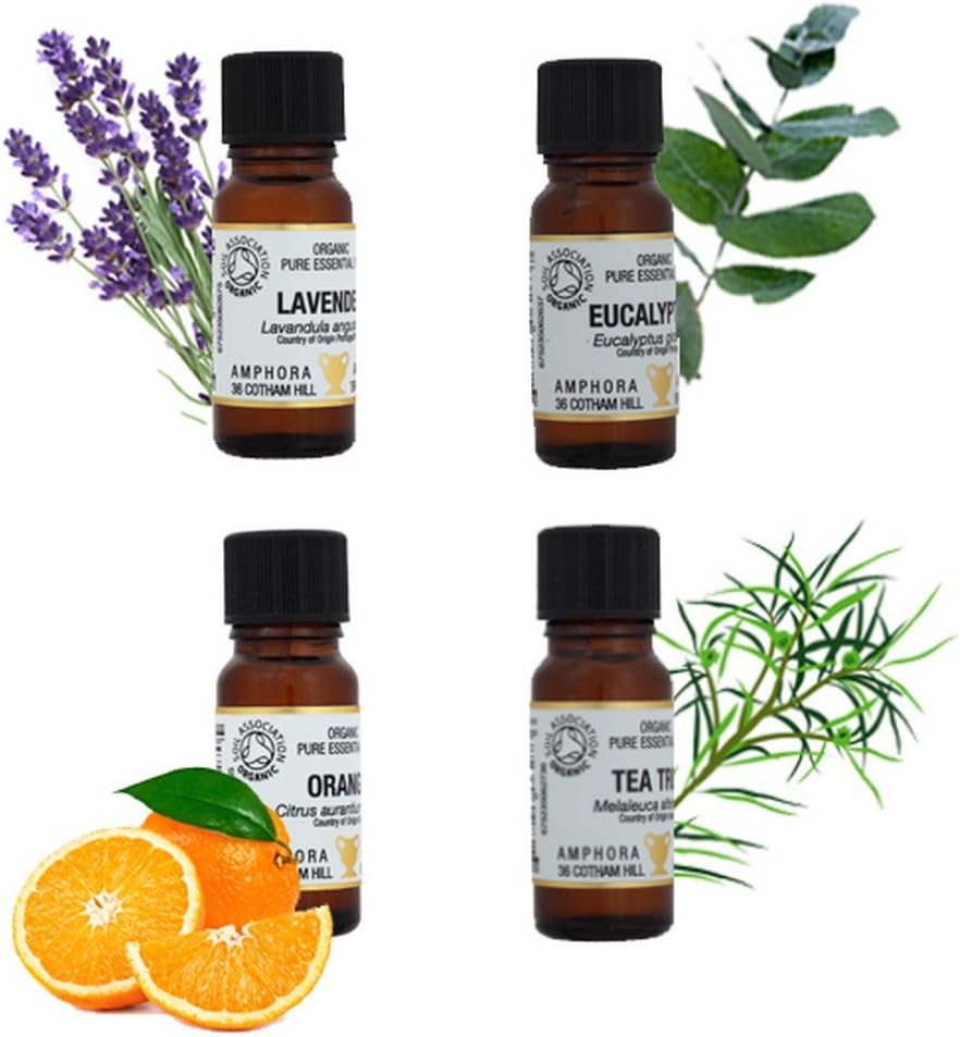 Organic 100% Pure Essential Oils Starter Kit: Lavender, Orange, Tea Tree & Eucalyptus (Each 10ml)