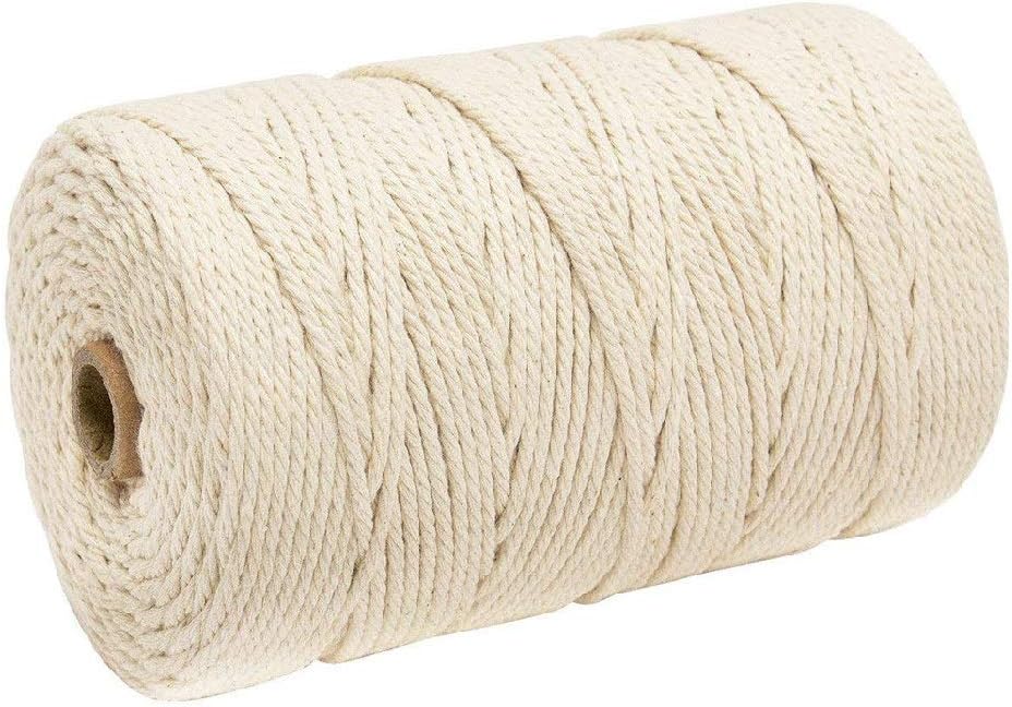 Macrame Cord 3mm x 200M | 100% Natural Macrame Rope | 3 Strand Twisted Cotton Cord for Wall Hanging, Plant Hangers, Crafts, Knitting, Decorative Projects | Soft Undyed Cotton Rope (A)