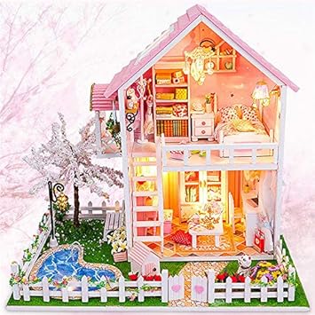 Kewholesale CuteRoom DIY Wooden Dollhouse Miniatures Cherry Tree Under Warm Christmas Birthday Gift