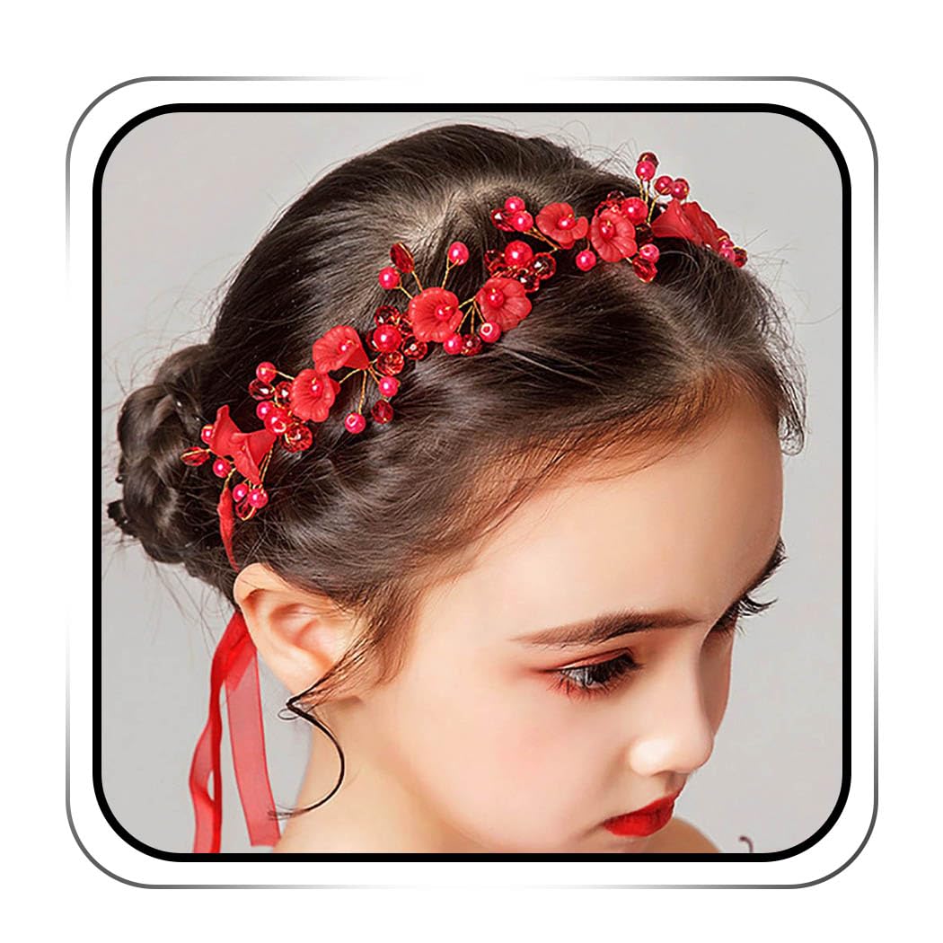 IYOU Princess Red Flower Headpiece Pearl Hair Dress Crystal Bridal Wedding Hair Accessories for Flower Girls