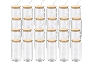24 Pack Drinking Glass with Bamboo Lids and Glass Straws 16oz Beer Glass Can Shaped Cups Bulk, Glass Tumbler Reusable Cute Cu