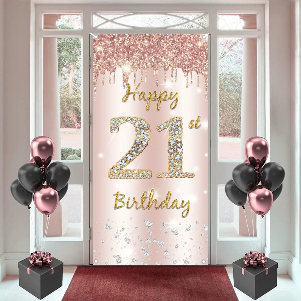 21st Birthday Decorations for Women, Happy 21 Birthday Backdrop Banner Rosegold Fabric Sign Poster Door Banner Party Welcome Sign