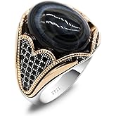 LovePlus S925 Sterling Silver Agate Ring for Men Natural Onyx Stone Ring Cool Turkish Style Handmade Luxury Jewelry