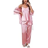 Moreone Women's Silk Satin Pajama Set 3-Piece with Robe, Sexy V-Neck Lace Cami Top and Long Pants, Luxury Soft Sleepwear