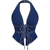 OYOANGLE Women's Vintage Tie Front Cut Out Denim Halter Tops Open Back Crop Jean Vest Streetwear