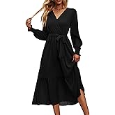 PRETTYGARDEN Women's Floral Boho Dress Fall Long Sleeve Wrap V Neck Ruffle Flowy Maxi Spring Wedding Guest Vacation Dresses