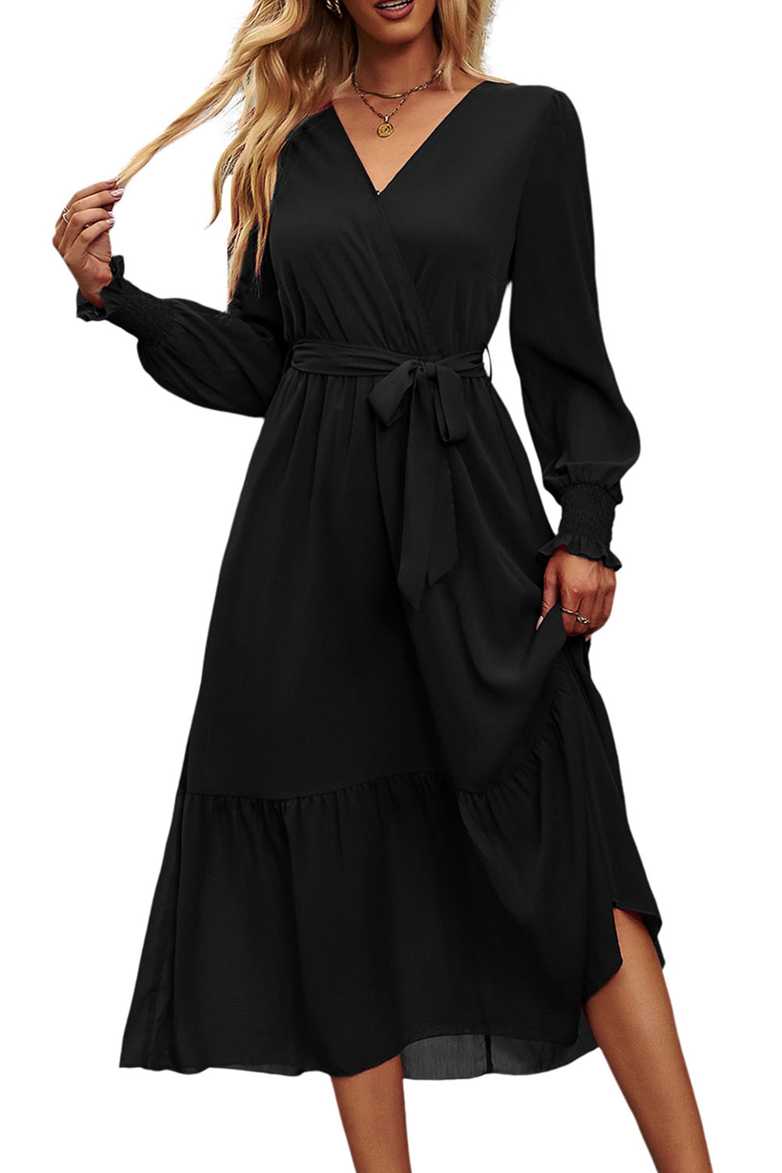Photo 1 of PRETTYGARDEN Women's Floral Boho Dress Fall Long Sleeve Wrap V Neck Ruffle Flowy Maxi Spring Wedding Guest Vacation Dresses (Solid Black,XX-Large)