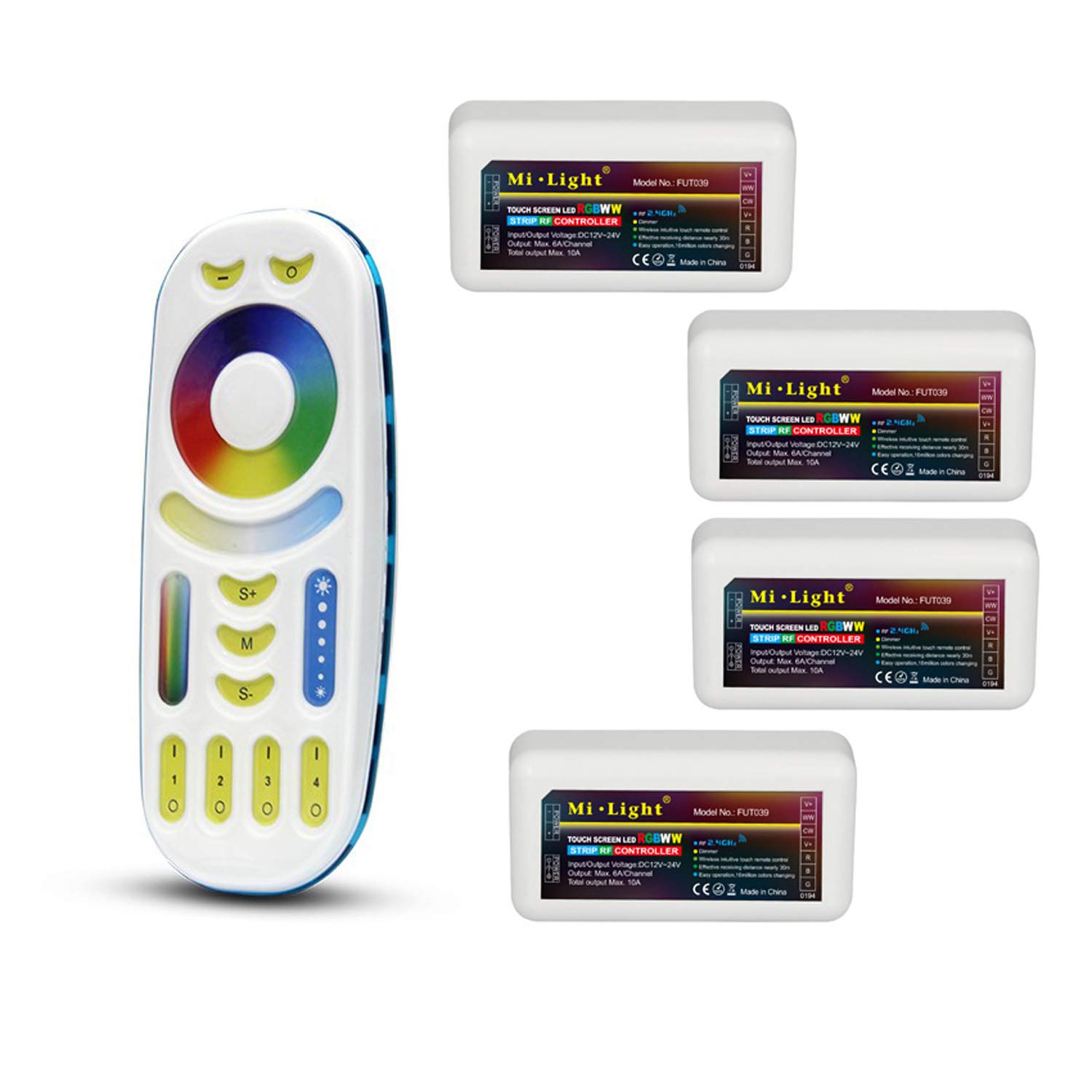 LIGHTEU®, Milight Miboxer Remote Control Kit: pack of 4x RGBCCT LED strip Controllers and 1x 4 Zone LED RGBCCT Remote Control 4x fut039 + fut092