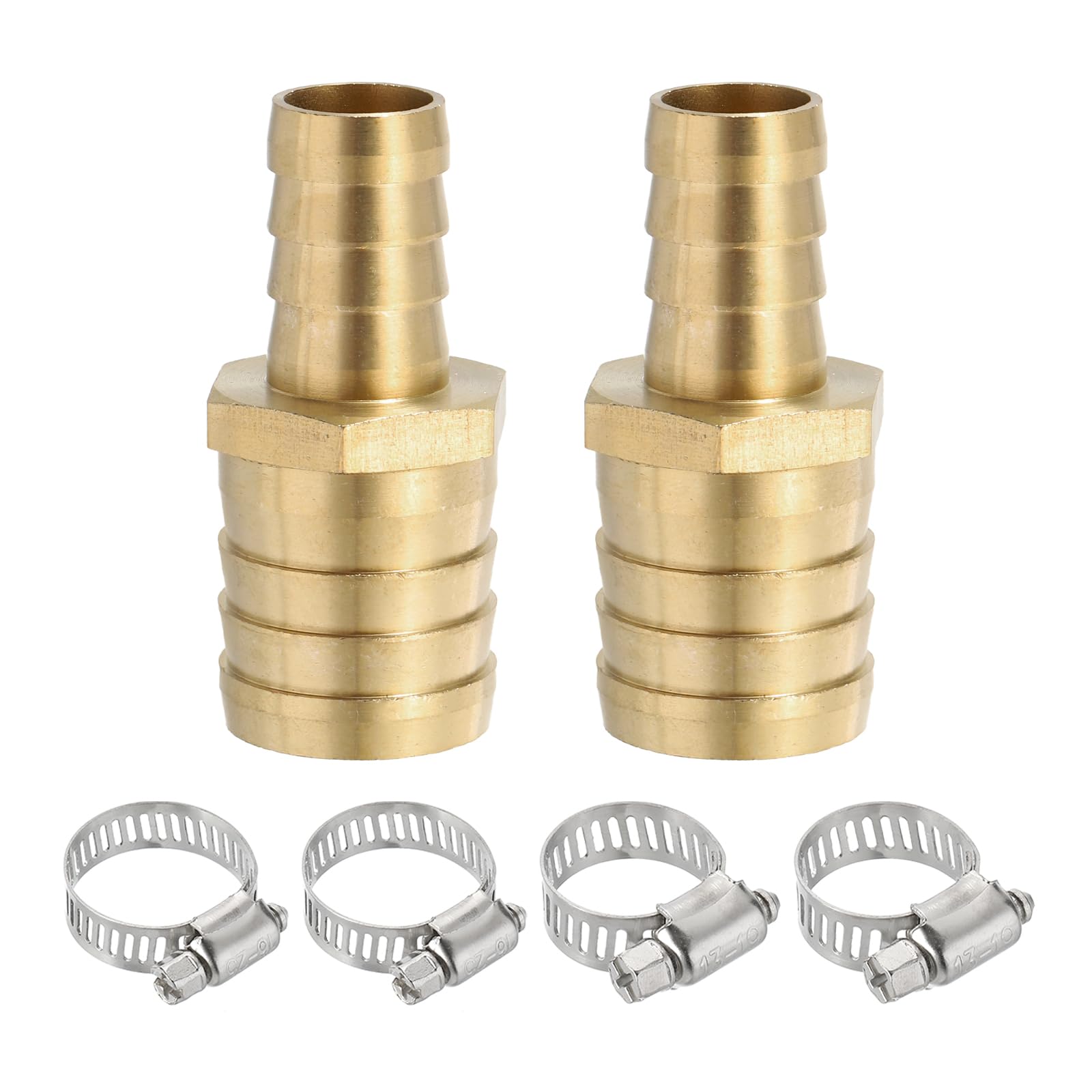 PATIKIL 5/8" to 1" Brass Hose Barb Reducer, 2Pcs Barbed Hose Fittings with 4 Stainless Steel Clamps Reducing Splicer Mender Union Adapter for Air Water Fuel