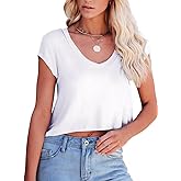 WMZCYXY Women V Neck Crop Tops Cap Sleeve Loose Fit Cropped T Shirts Casual Summer Solid Color Basic Tees