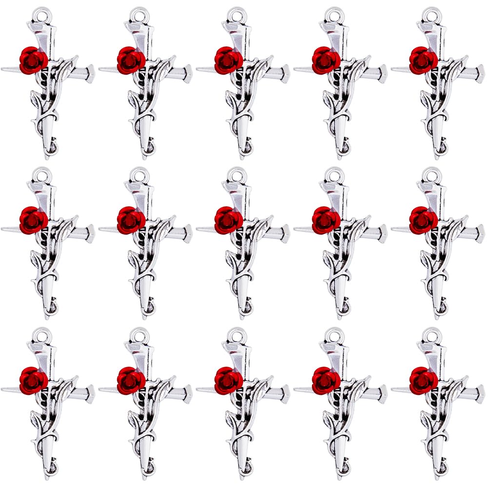 SUNNYCLUE 1 Box 30Pcs Cross Charms Baroque Style Red Rose Flower Beads Cross Charm Leaf Thistles Thorns Shaped Fancy Antique Silver Crucifix for jewellery Making DIY Necklace Supplies — image 1