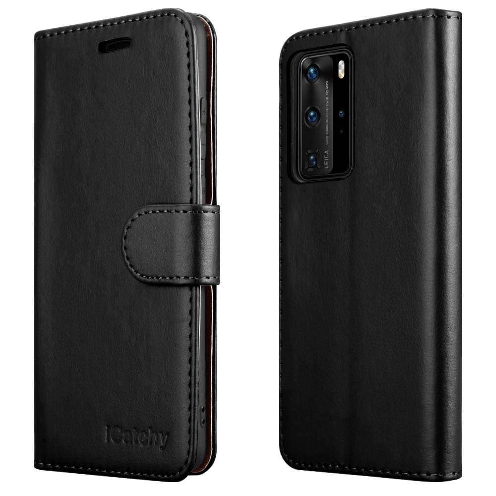 iCatchy For Huawei P40 Pro Case Leather Wallet Book Flip Folio Stand View Cover Compatible with Huawei P40 Pro Phone Cover (Black)