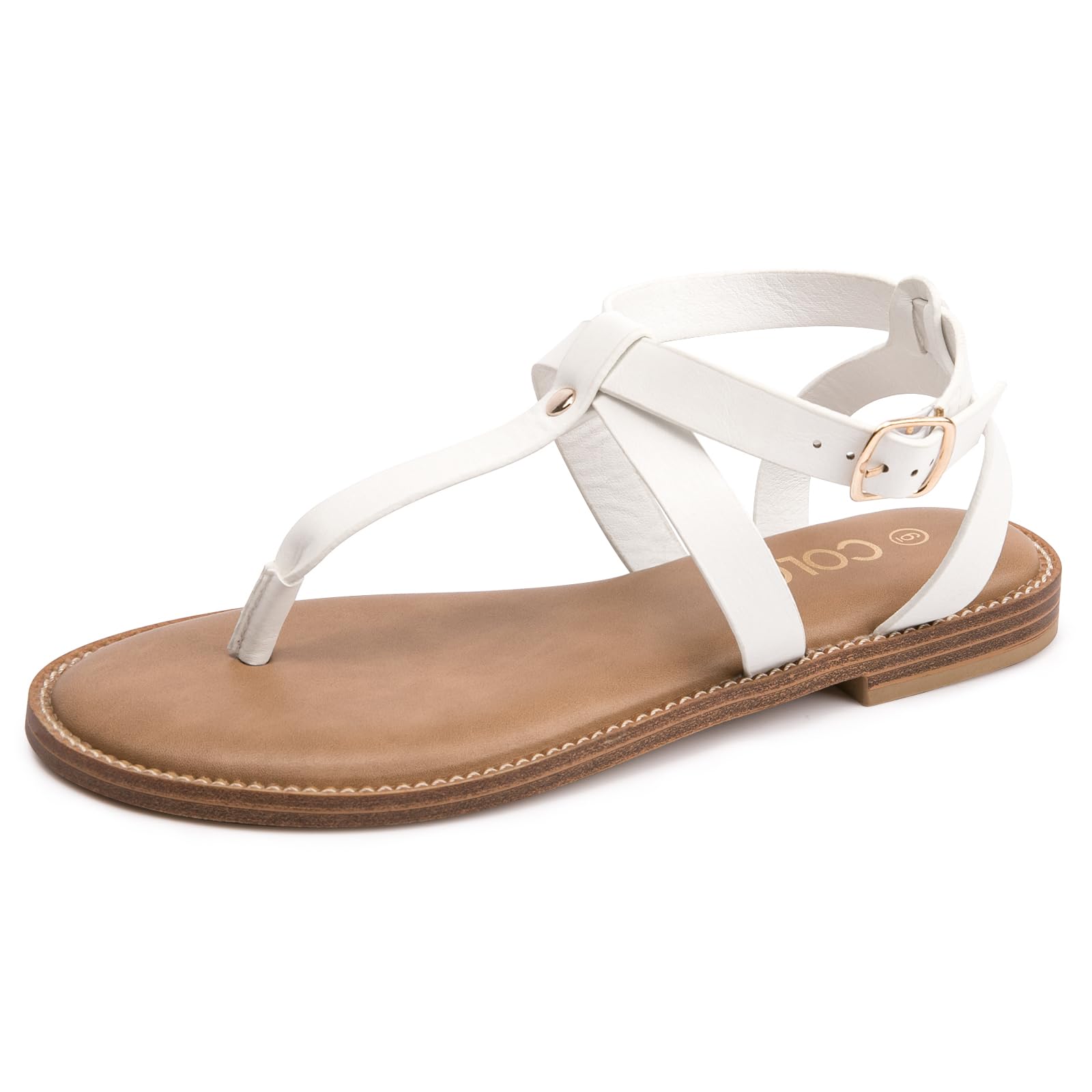 Photo 1 of Colgo Thong Flat Sandals, Casual Women T-Strap Dress Sandals with Adjustable Ankle Buckle for Summer Wedding (LS White/Sdl,10)