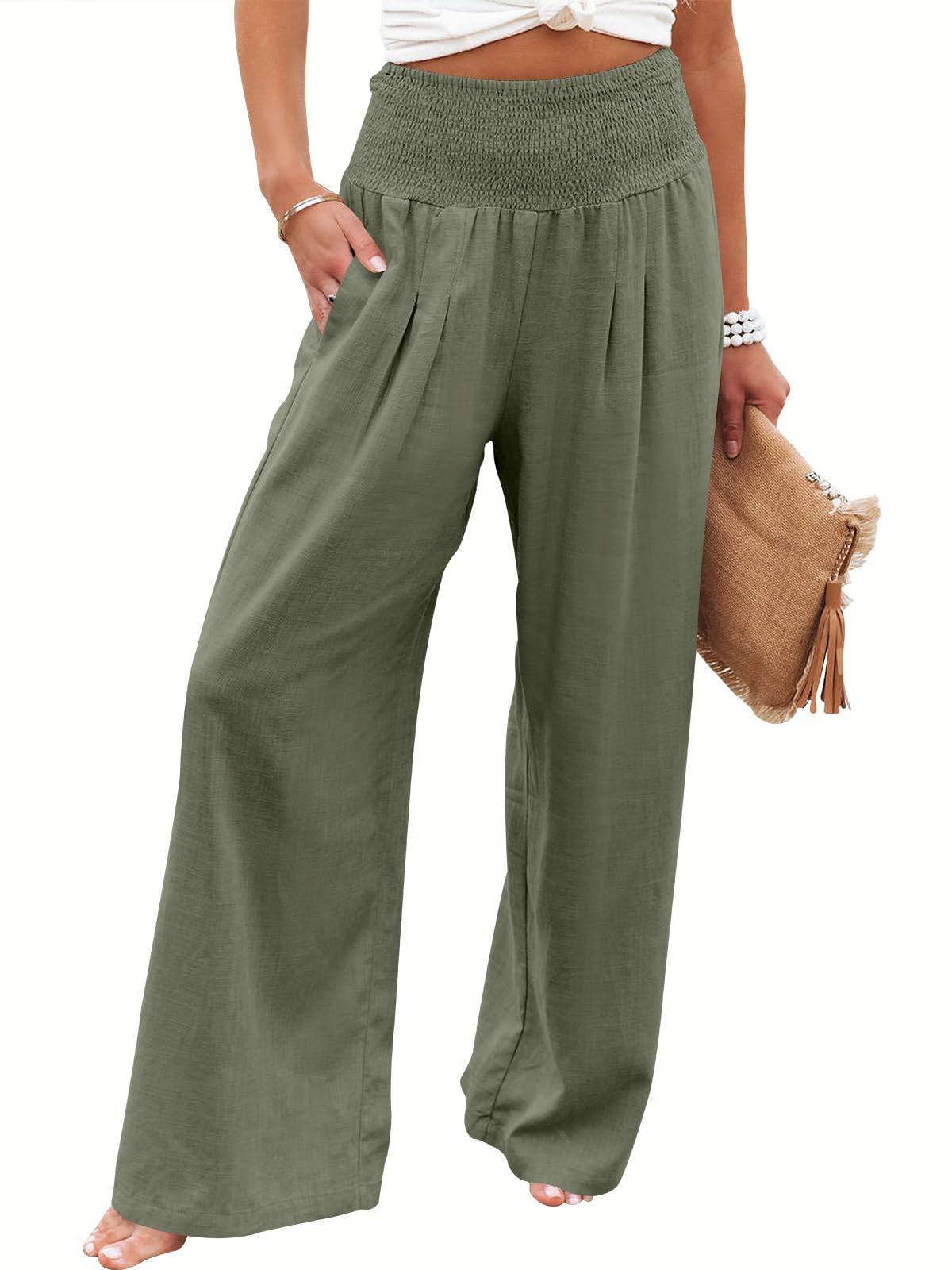 Photo 1 of ANRABESS Women Linen Palazzo Pants Summer Boho Wide Leg High Waist Casual Lounge Pant 2025 Beach Travel Vacation Outfits Olive Medium