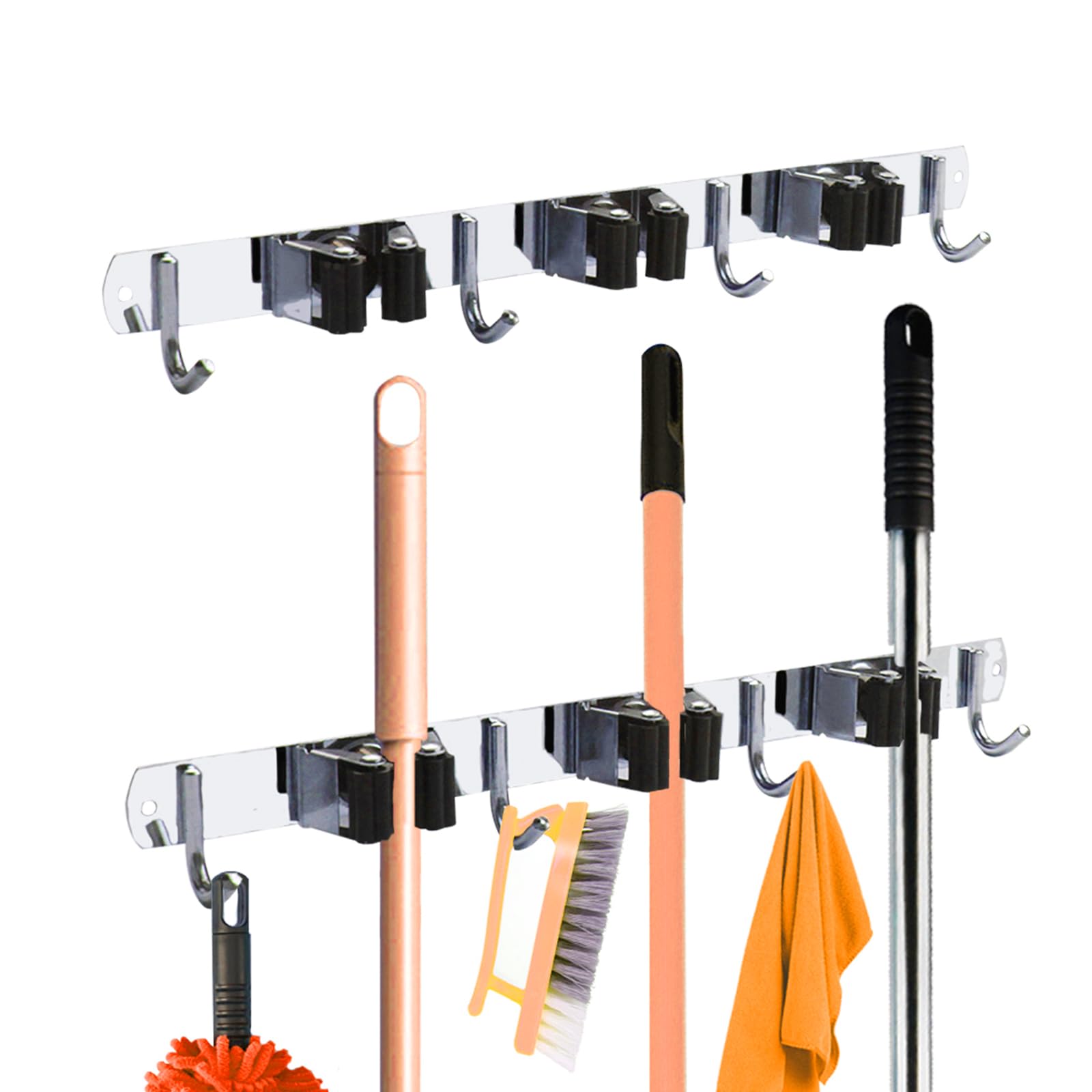 Photo 1 of 2 Pack Mop And Broom Holder Wall Mount, Upgraded Stainless Steel Broom Broom Holder Wall Mount, Heavy Duty Storage Rack Wall Mounted Adhesive for Home Kitchen Garden Laundry (Silver, 3 Racks 4 Hooks)