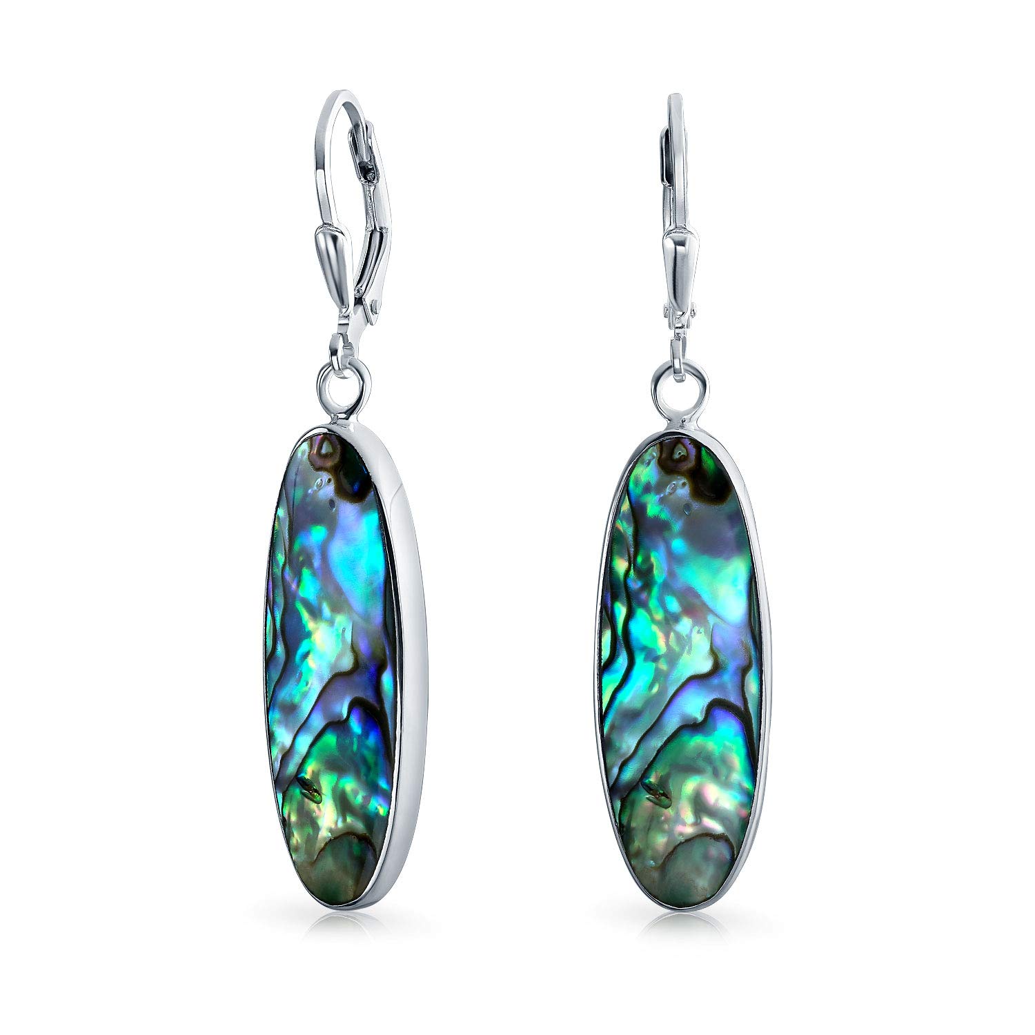 Geometric Iridescent Rainbow Natural Abalone Shell Natural Oval Long Dangle Earrings For Women Teen .925 Sterling Silver Lever Back