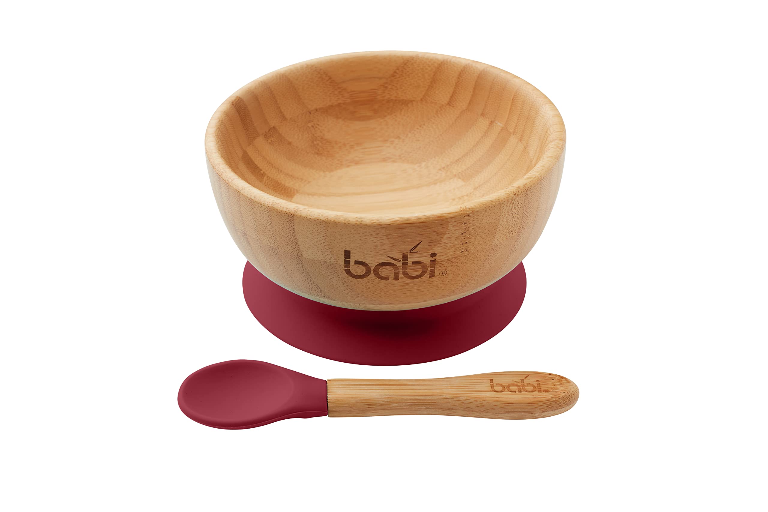 Babi® Baby Toddler Large Bowl & Matching Spoon Set, Natural Bamboo, with Stay Put Silicone Suction Ring (Cherry RED)
