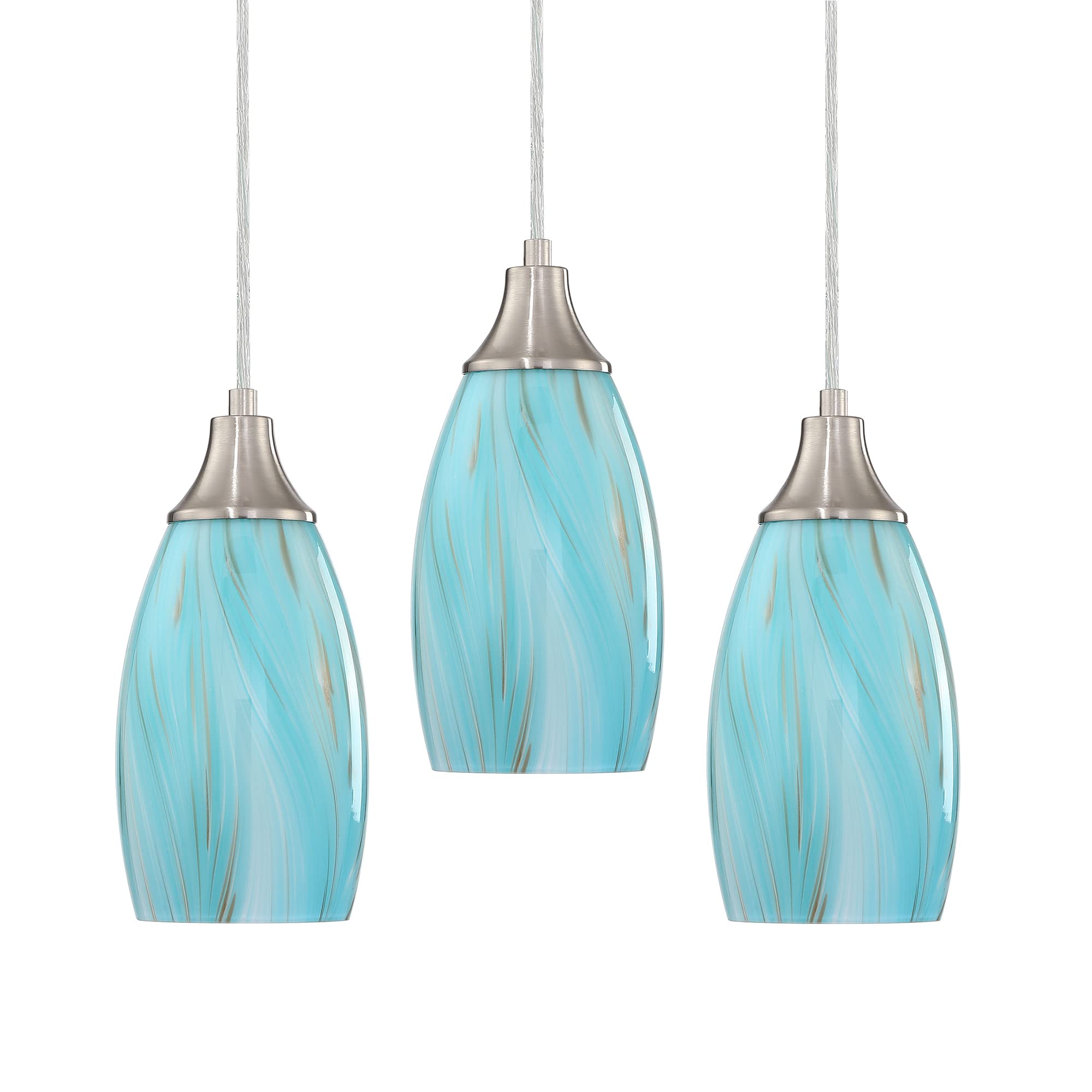 Photo 1 of karyfine Mini Art Glass Pendant Lights Kitchen Island,Handcrafted Teal with Gold Glass Ceiling Pendant Lighting Brushed Nickel Adjustable Cord Hanging Lamp Cover for Coffe Bar,Dining Room 3pack