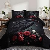 CCoutueChen Black Crow Red Rose Skull Comforter Set Queen Size Halloween Gothic Roses Skeleton Bedding Set Holiday Decoration Bedding Black Floral Bird Down Comforters Soft Microfiber Comforter Sets