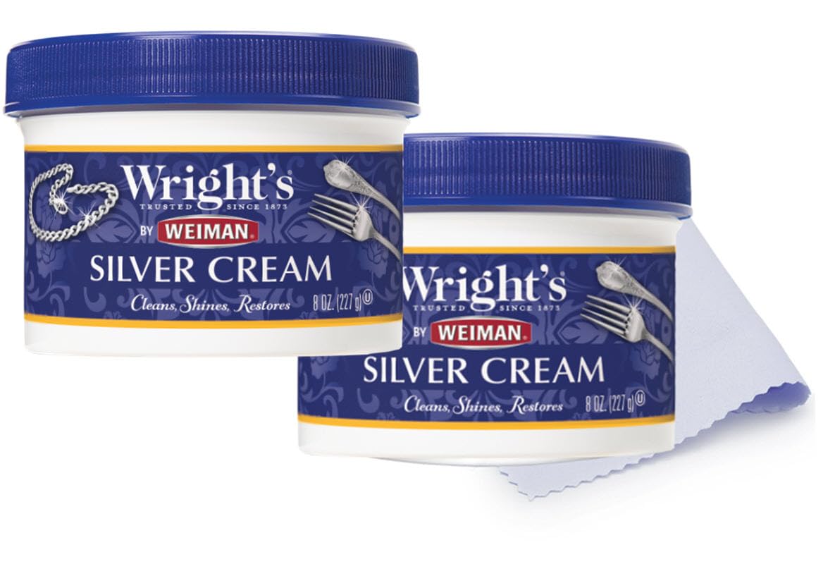 Photo 1 of Wright's by Weiman Silver Cleaner and Polish Cream - Gently Clean and Remove Tarnish without Scratching, Ammonia-Free, 8 Ounce, 2 Pack with Polishing Cloth