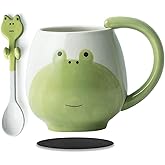 Arawat Cute Frog Coffe Mug with Spoon Frogs Print Stuff Gift 420ml Ceramic Tea Coffee Cup Kawaii Frog Mugs Funny 3D Animal Cups Birthday Gifts for Boys Girls Teens Frogs Lovers Cute Mug