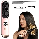 2026 Hair Straightener Brush, Cordless Hair Straightener Brush for Short Hair, Mini Portable Travel Straightening Hair Comb Brush with 9 Temps Fast Heating for Women, All Hair Types (Pink)
