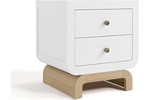 Storkcraft Santorini 2 Drawer Nightstand (White & Driftwood) - GREENGUARD Gold Certified Nightstand for Kids Bedroom, Premium Wood with Curved Base, “Champagne” Metal Knobs