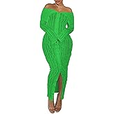 Prekeewil Womens Sexy Off Shoulder Maxi Dress Pleated See Through Flare Sleeve Button Down Slit Bodycon Long Dresses