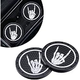 2 Pack Skeleton Rock Gesture Hand Car Coasters, 2.75 Inch Universal Non‑Slip Silicone Cup Holder Mats, Gothic Heavy Metal Punk Auto Interior Decor Accessories for Men Women, Rock Fan Gift