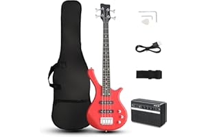 Ktaxon 36 Inch Bass Guitar 4 String Electric Bass Guitar with Dual Connectivity & Portable Power 15W Amp, Excellent Tone, Exquisite Craftsmanship and Ergonomic Body Design for Beginner(Red)