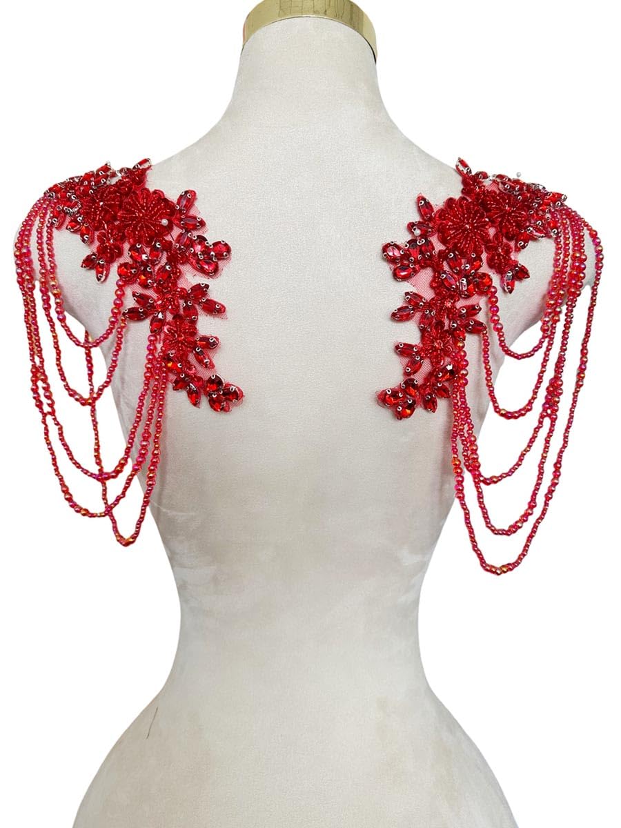 Photo 1 of 1 Pair Beaded Rhinestones Applique Embellishment for Clothes Epaulettes Shoulder Patches Sew-on Diamond Sequin Tassels Applique for Wedding Dress DIY Accessories 9.8X10.2inches (Red)
