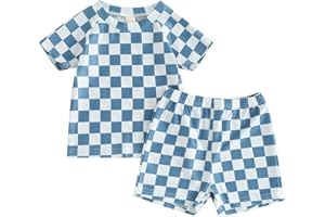 DEWADBOW Toddler Boy Two Piece Swimsuit Short Sleeve Top Trunk Rashguard Swimwear Boy Sun Protection Beach Clothing