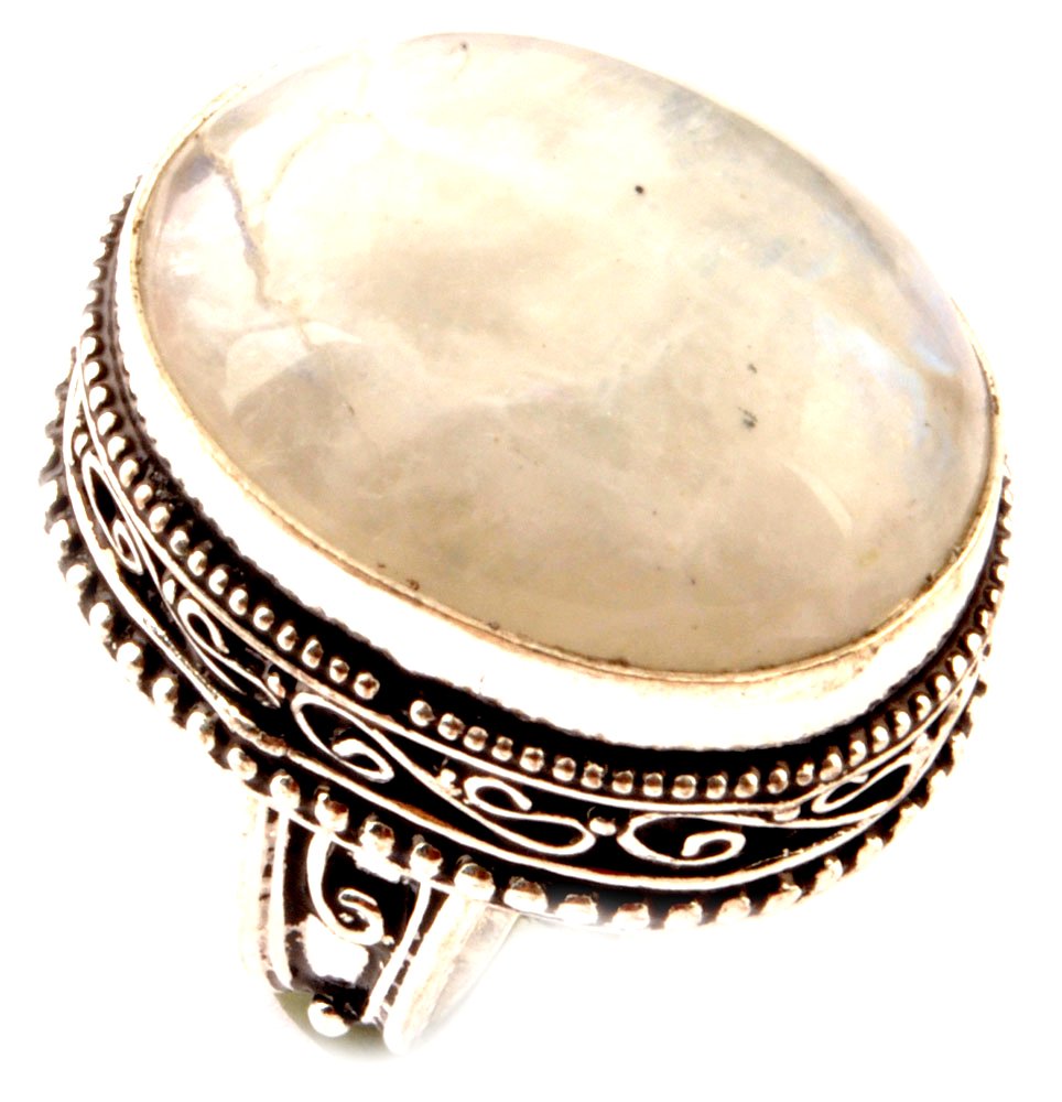 Indie Artisans Natural RAINBOW MOONSTONE Ring 925 Silver Plated Gemstone Womens Ring UK Ring Size P/EU Ring Size 56.25