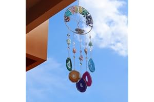 Large Agate Dream Catcher - Dreamsum 7 Chakra Tree of Life Dream Catcher with Rainbow Crystal Stones Handmade Gold Dreamcatcher Wall Decor for Adults Boys Girls, Bedroom, Wedding, Garden, Bless Gift