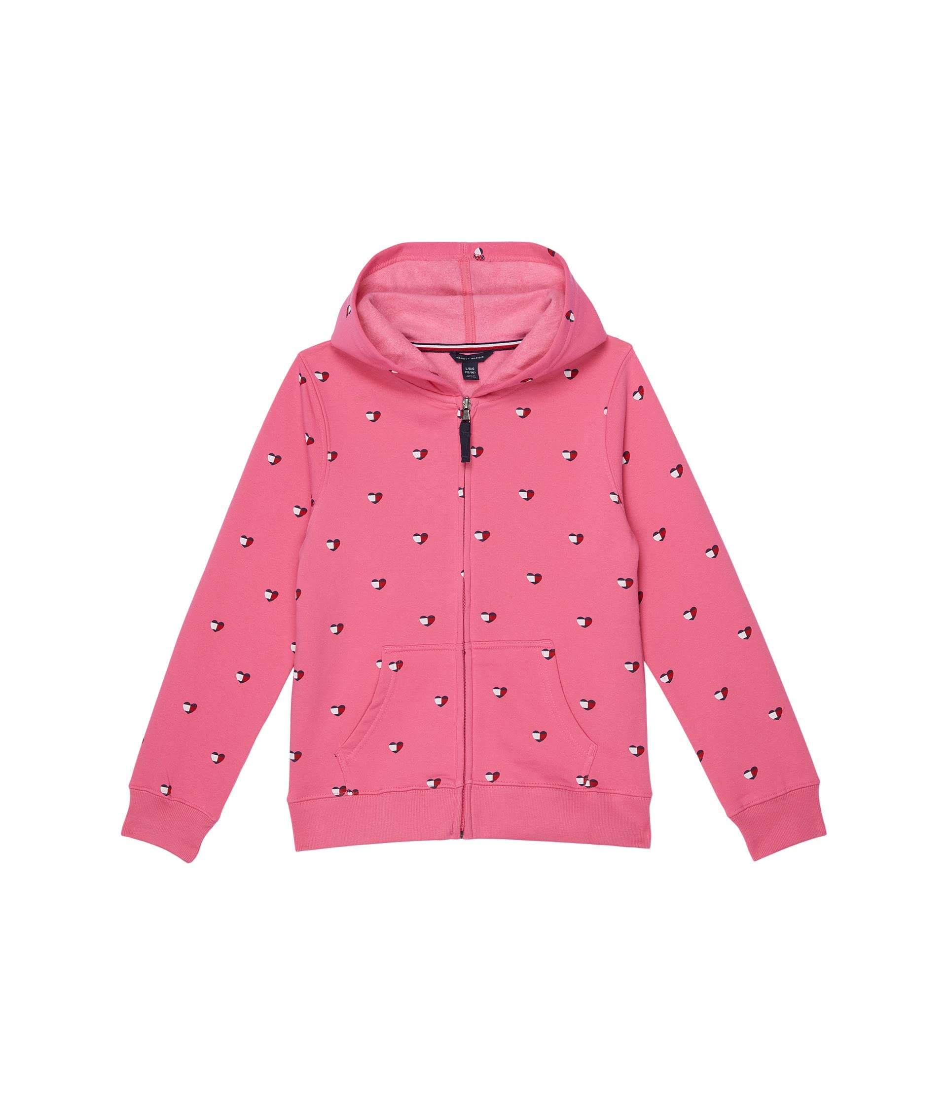 Tommy Hilfiger Girls’ Full-Zip Fleece Hoodie Sweatshirt With Front Pockets, Hot Pink Heart, 16