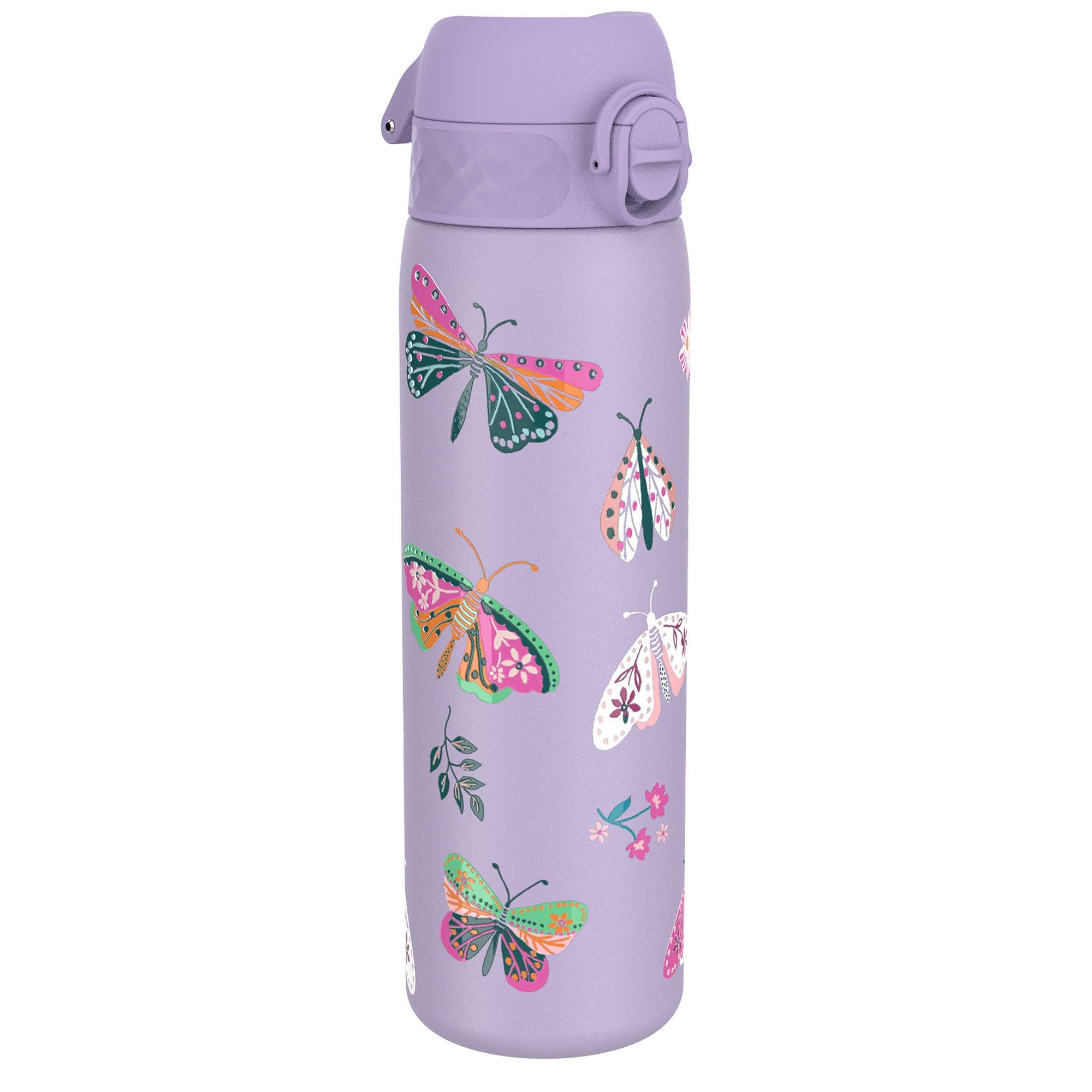 Ion8 Vacuum Insulated Steel Water Bottle, 500 ml/18 oz, Leak Proof, Easy to Open, Secure Lock, Dishwasher Safe, Fits Cup Holders, Carry Handle, Scratch Resistant, Metal Water Bottle, Butterfly