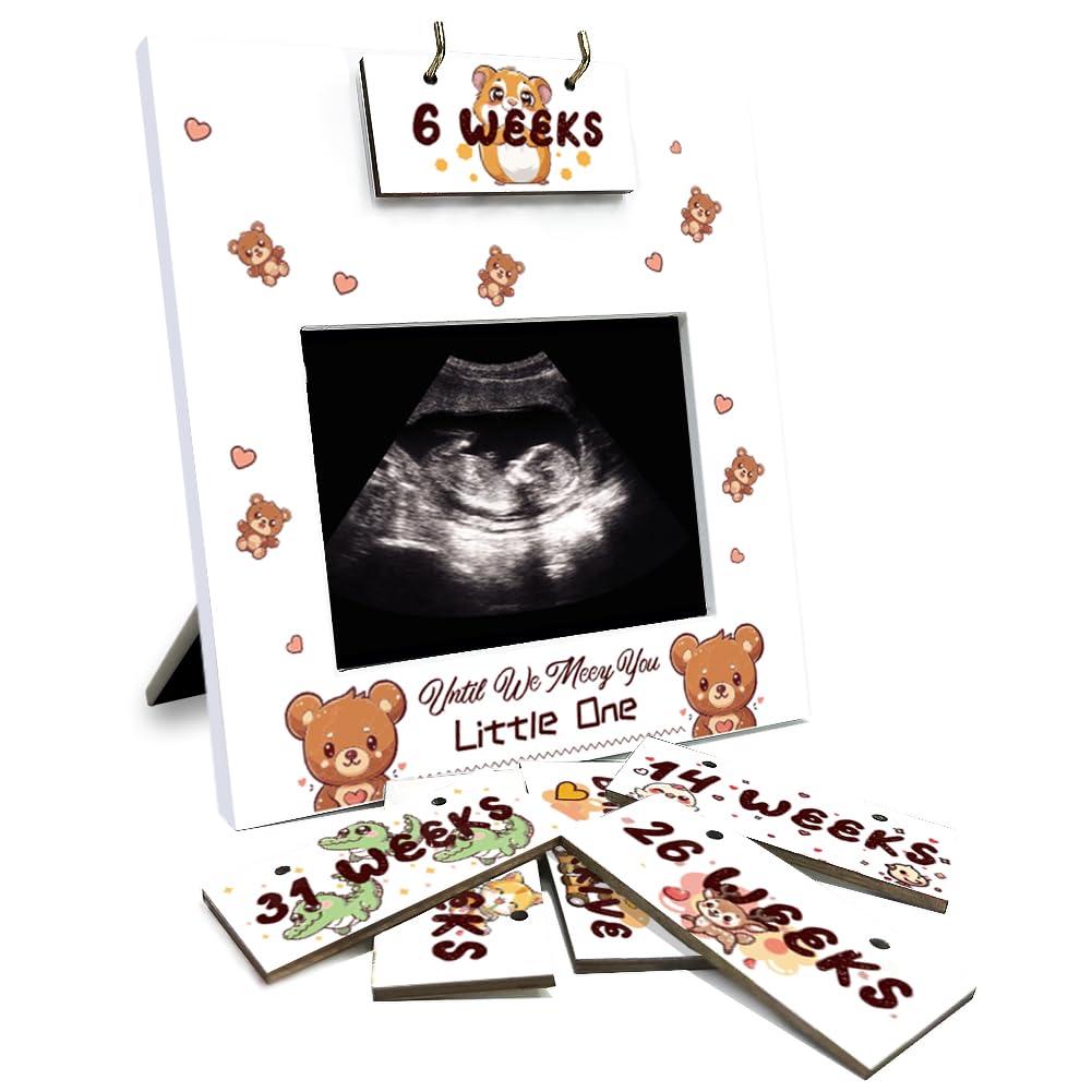 AHANDMAKER Sonogram Picture Frame, Cute Animal Ultrasound Picture Frame with Countdown Weeks for 4x3 Ultrasound Photo, Bear Pregnancy Gift for Expecting Parents First Time Mom, Pregnancy Announcement