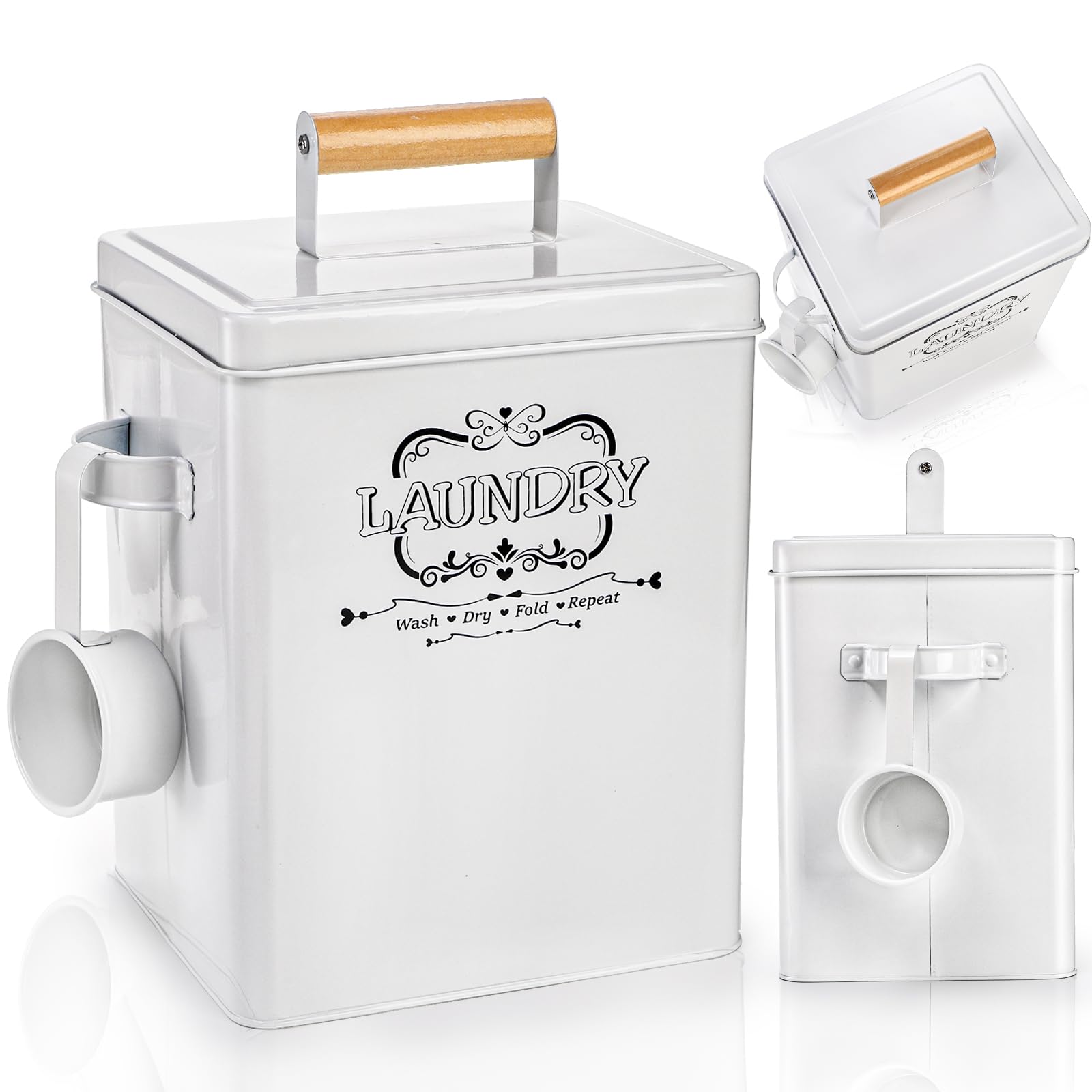 Photo 1 of Goaste Metal Laundry Detergent Container, 220oz Laundry Powder Storage Bin with Scoop & Lid, Farmhouse Soap Dispenser Holder, White Pod Canister Tin Box for Room Organization
