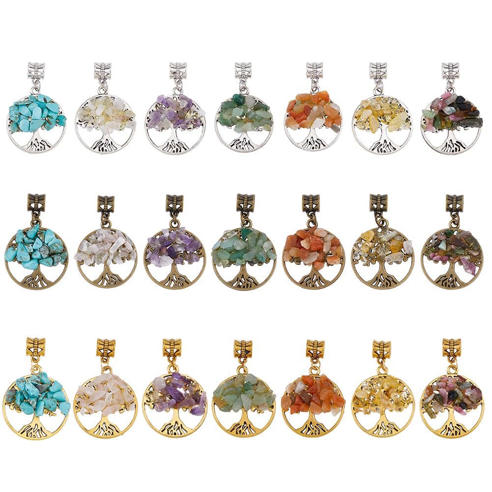 SUPERFINDINGS 21Pcs Tree of Life Gemstone Pendants Crystal Quartz Chakra Pendants Charms Mixed Gemstone Chip Flat Round Large Hole Dangle Charms with Alloy Findings for Jewelry Making